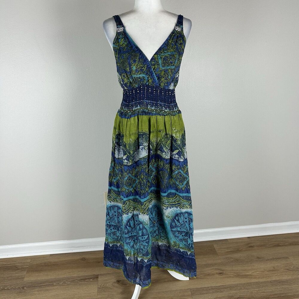 Large Maxi Dress Beaded Hippie Surplice Babydoll Paisley Gypsy Boho Smocked Blue